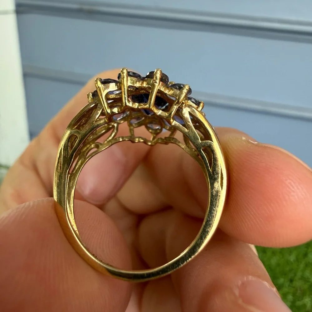 Vintage 10k Gold Pear Iolite Tanzanite Cluster Filigree Statement Ring Size 8.5‎